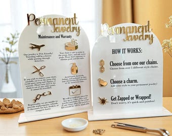 Ensemble d'enseignes permanentes pour bijoux – « Comment ça marche » et enseignes acryliques d'entretien pour présentoir de vendeur, table de boutique ou stand éphémère