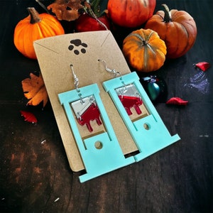 Blue Guillotine Earrings, Acrylic Laser Cut Earrings, Handmade, Halloween Jewelry, Mirror Acrylic