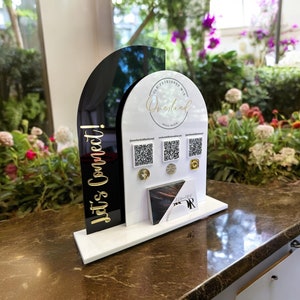 Double Arch QR Code Sign, Three QR Codes, Your Logo at the Top, Tabletop Vendor Display Sign