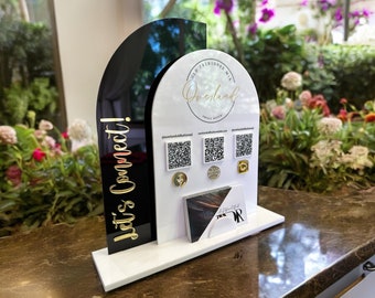 Double Arch QR Code Sign, Three QR Codes, Your Logo at the Top, Tabletop Vendor Display Sign
