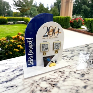 Double Arch QR Code Sign, Two QR Codes, Your Logo at the Top, Tabletop Vendor Display Sign