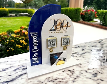 Double Arch QR Code Sign, Two QR Codes, Your Logo at the Top, Tabletop Vendor Display Sign