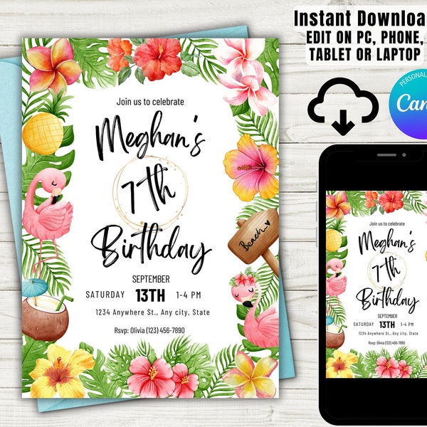 Tropical birthday invitation template, Luau birthday party invitation digital download, Hawaiian party invite, summer birthday party invite