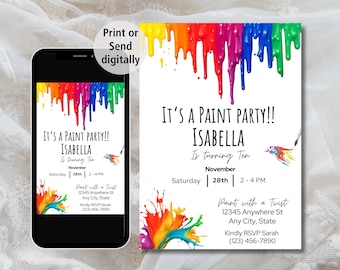 Editable Birthday Invitation Digital Editable in Canva Printable Download Art Birthday Invitation Party Paint Invites Paint party invitation