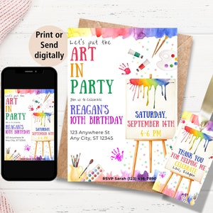 Editable Art Party Birthday Invitation, painting birthday party invite, paint birthday invitation template, art birthday instant download