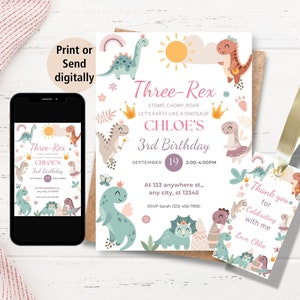 Dino Birthday Invitation Editable Template Instant Download, Pastel Dinosaur Birthday Invitation Girl, Dino Pink & Purple Birthday Invite