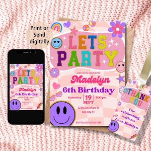 Invitación de cumpleaños para niñas con parches universitarios, invitación de cumpleaños con letras de parches preppy, invitación de cumpleaños para niñas, invitación editable