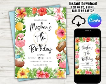 Tropical birthday invitation template, Luau birthday party invitation digital download, Hawaiian party invite, summer birthday party invite