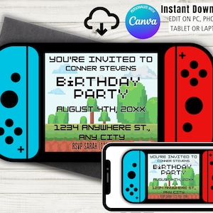 Video Game Birthday Invitation Template, Switch Party Editable Invite Kids Bday Party, printable video game invitation,  Instant Download