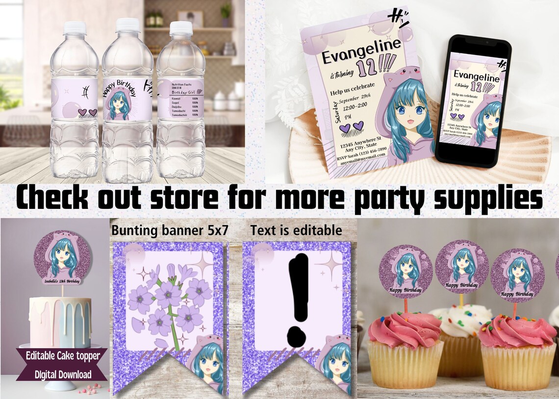 Anime Girl Birthday Party Invitation Digital Download Anime Birthday ...