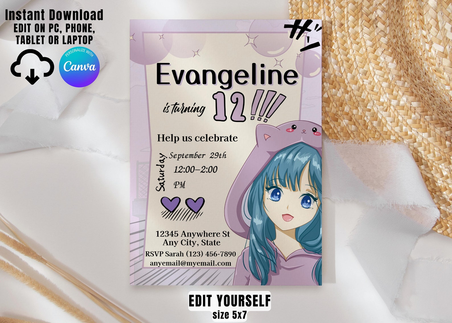 Anime Girl Birthday Party Invitation Digital Download Anime Birthday ...