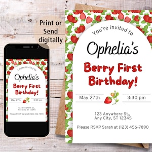 EDITABLE Berry First Birthday Invitation, Berry First Birthday Digital Invitation Birthday, Strawberry girls First Birthday party invitation