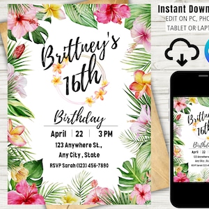Tropical invitation | editable invitation | digital download | Tropical wedding | Tropical save the date | Luau | sweet 16 | summer party