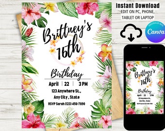 Tropical invitation | editable invitation | digital download | Tropical wedding | Tropical save the date | Luau | sweet 16 | summer party