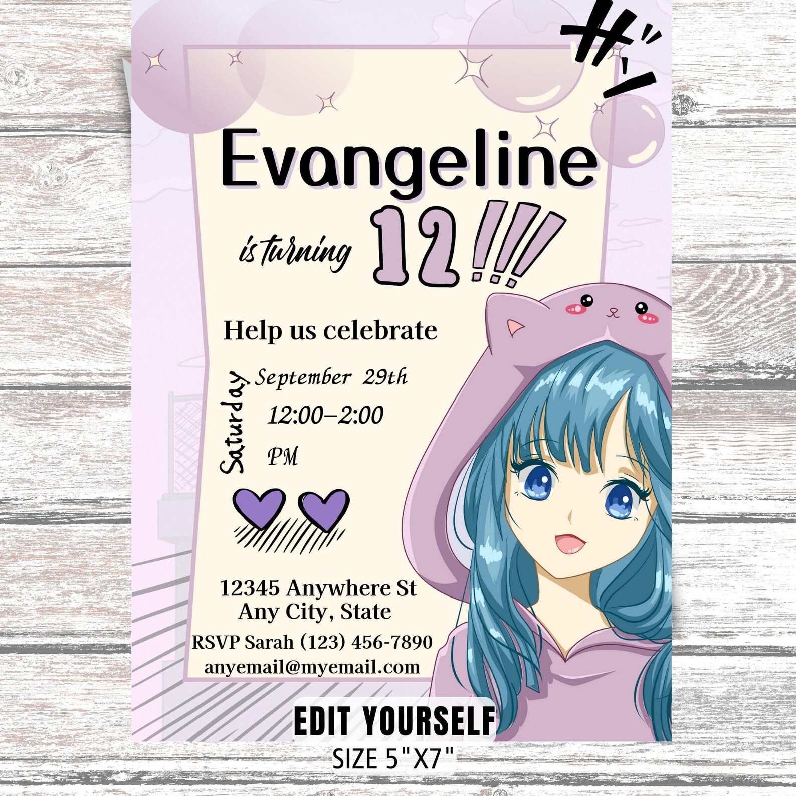 Anime Girl Birthday Party Invitation Digital Download Anime Birthday ...