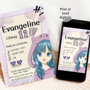 uitnodiging verjaardagsfeestje animemeisje digitale download afdrukbare anime verjaardagsfeestje anime uitnodiging bewerkbare verjaardagsuitnodiging anime tiener