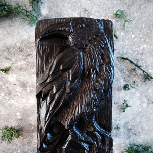 Puede incluir: Escultura de madera tallada de un cuervo negro. El cuervo est&aacute; representado en relieve detallado sobre un fondo texturizado. La escultura est&aacute; te&ntilde;ida de un color negro oscuro y rico, y los detalles de las plumas y el pico del cuervo son claramente visibles.