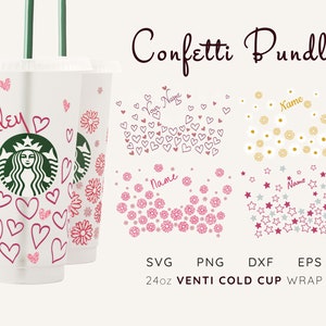Pode incluir: Um conjunto de arquivos de corte digital para um invólucro de copo frio Venti de 24 oz com designs de confete. Os designs incluem corações, flores e estrelas em rosa, vermelho e branco. O texto "Nome" aparece nos designs.