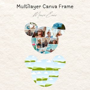 May include: Multilayer Canva Frame "Mouse Ears" with a collage of photos in the shape of mouse ears. The top ear features photos of people in various summer settings, including a pool, beach, and tropical landscapes. The bottom ear features a collage of green hills and blue sky.