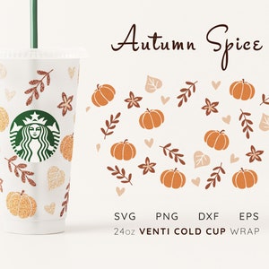 Fall Leaves and Hearts Starbucks Cold Cup SEAMLESS Wrap Svg, Pumpkin Svg Full Wrap for Starbucks Venti Cup 24 oz., Thanksgiving Cup Wrap Svg
