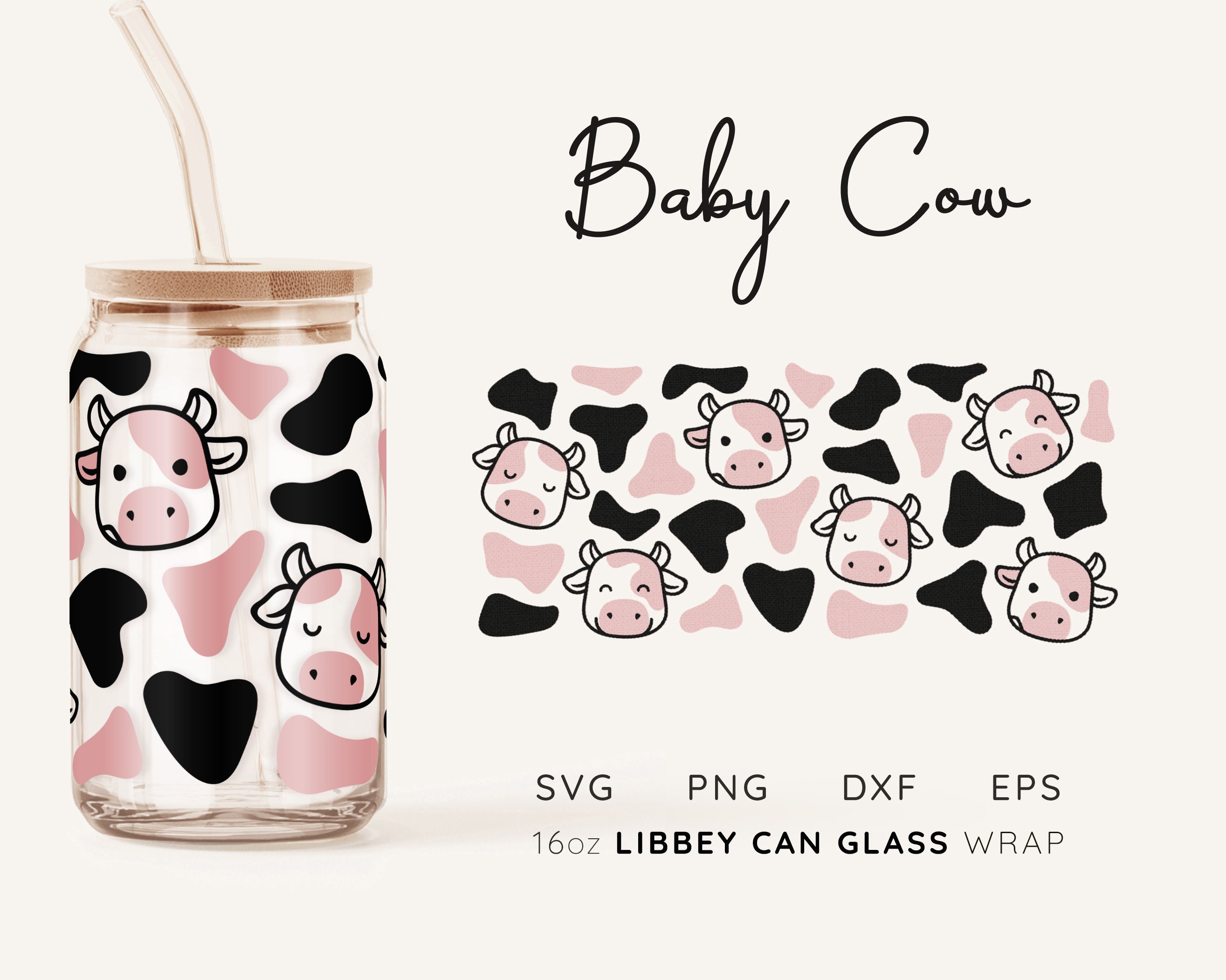 Strawberry Pink Cute Cow Print Wrap - 16 oz Libby Beer Glass Wrap