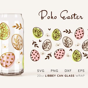 Op de afbeelding: Een 20oz Libbey blikglasverpakking ontwerp met een boho paasthema met pastelgroene, roze en bruine eieren met gouden accenten. Het ontwerp bevat de tekst "boho easter" en "20oz Libbey Can Glass Wrap".