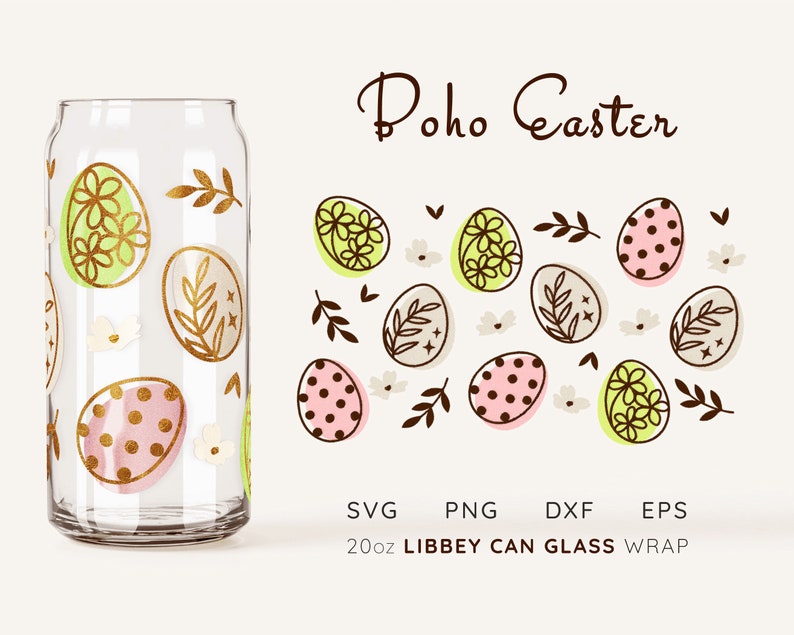 Op de afbeelding: Een 20oz Libbey blikglasverpakking ontwerp met een boho paasthema met pastelgroene, roze en bruine eieren met gouden accenten. Het ontwerp bevat de tekst "boho easter" en "20oz Libbey Can Glass Wrap".