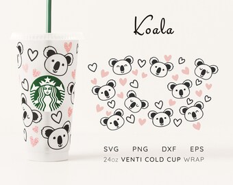 Koala Bär Starbucks Cup Wrap SVG: Herzen Design, 24 Unzen Venti Kalttasse (Digitale Datei)