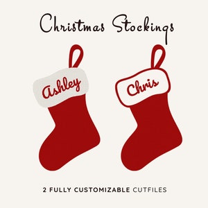 May include: Two red Christmas stockings with white fur trim. The stockings are personalized with the names "Ashley" and "Chris".