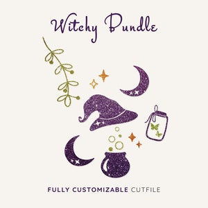 Puede incluir: Un sombrero de bruja de purpurina morado, un caldero, un frasco con una mariposa y lunas crecientes con estrellas. El texto "Witchy Bundle" está en la parte superior de la imagen. El texto "FULLY CUSTOMIZABLE CUTFILE" está en la parte inferior de la imagen.