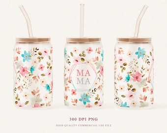 Mama Floral 16oz Libbey Glass Can Tumbler Sublimation Design (PNG)