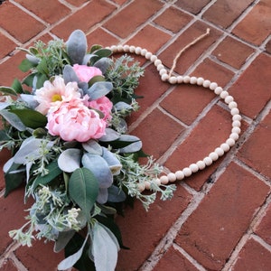 Valentines Heart shape wreath, Heart Wood Bead Wreath, Pink Floral Valentines gift wreath