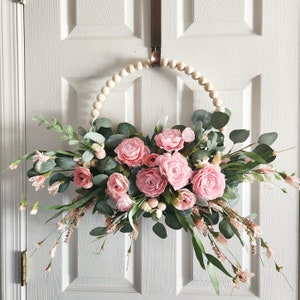 Pink or Yellow Flower Ranunculus Wreath for front door, Spring wreath on Wood Bead Hoop, Beaded Floral Wreath, Spring bead wreaths