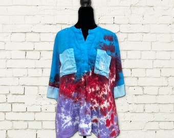 Chic Sustainable Designer Blouse | Blue Purple Red Tie Dye Twist | Unique Eco Style | Medium