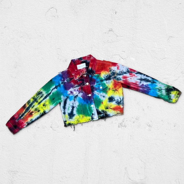 Rainbow Swirl Tie-Dye Denim Jacket | Eco-Friendly Upcycled Fashion | Size SMALL