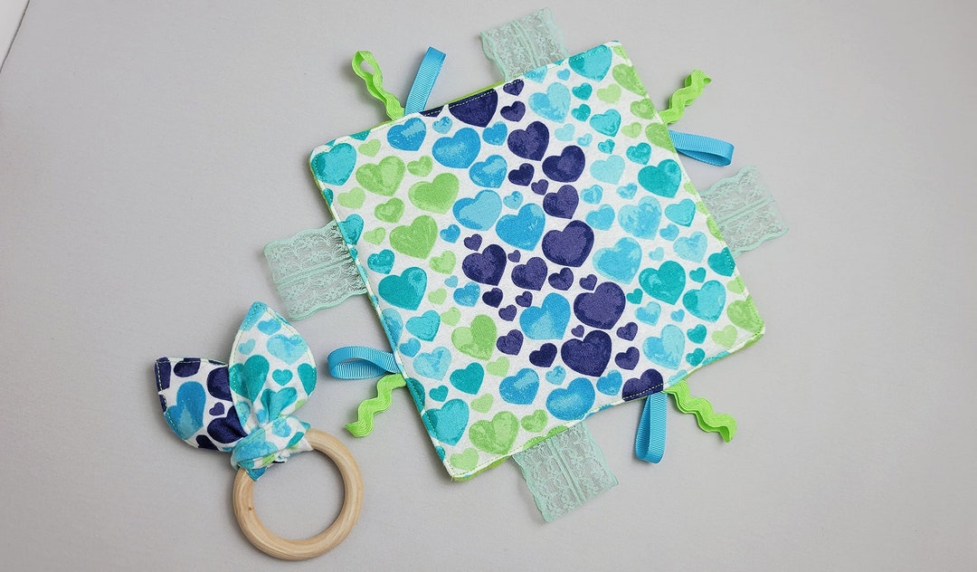 Baby's First VALENTINE Hearts Sensory Tag Toy Lovey and Wooden Teether