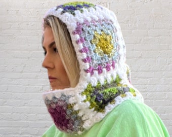 Balaclava Granny Square | Crochet Hood | Scoodie | Hooded Cowl | Patchwork | Fluffy yarn