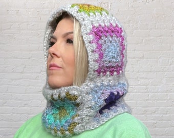 Balaclava Granny Square | Crochet Hood | Scoodie | Hooded Cowl | Patchwork | Fluffy yarn