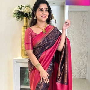 Sari indio para mujer, sari banarasi de seda cruda | Regalo de boda indio  Diwali tejido sari y blusa sin costura