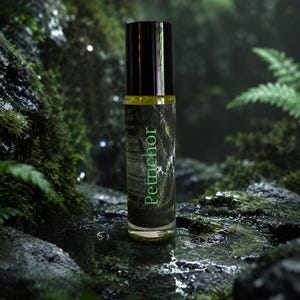 May include: A roll-on perfume bottle with a black cap and a label that reads "Petrichor" in green. The bottle is filled with a light yellow liquid and is set against a backdrop of moss-covered rocks and greenery.