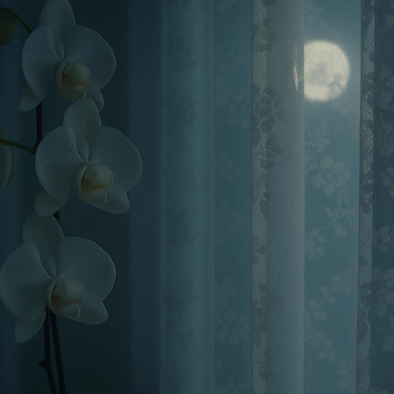 May include: A close-up of white orchid flowers with a yellow center against a backdrop of blue-toned sheer curtains. The curtains have a floral pattern and a soft, diffused light source, possibly the moon, is visible through them.