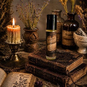 May include: A roll-on perfume bottle with the word "Grimoire" on the label sits atop antique books. A lit candle in a brass holder and dried flowers in a vase are in the background. The scene has a vintage, mystical aesthetic.