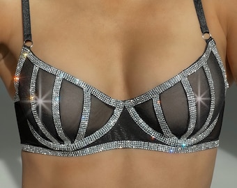 Crystal — Shine Straps Underwear — Bra & Bottoms Lingerie Set in Black — Rhinestone Intimates — Mesh Bra +Thong Panty +Sparkle Leg Garters