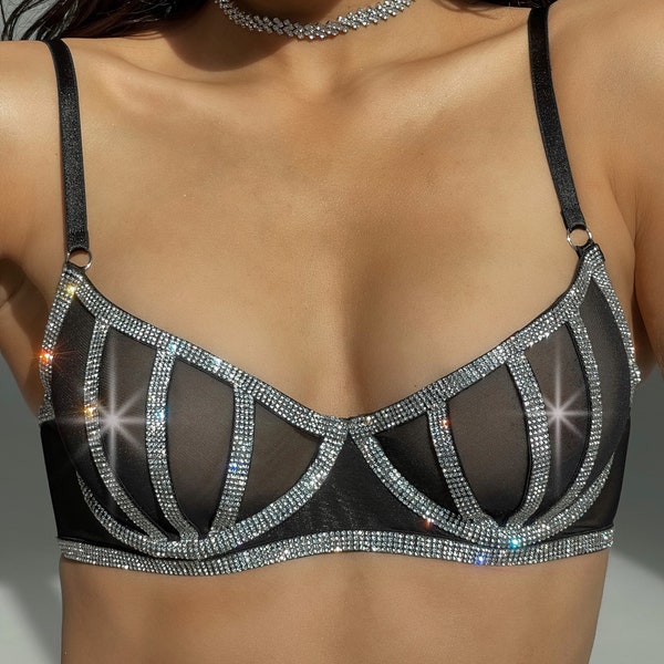 Set Intimo Donna Pizzo Con Strisce E Cristalli - Argento - Canotta E Capri