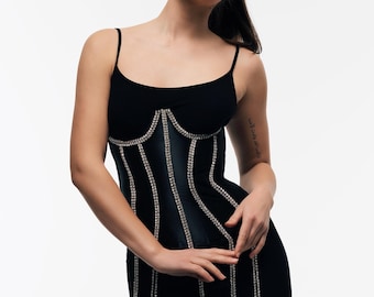 Diamond — Black Corset — Rhinestone Embellished — Cupless Underwire Corset Top — Mesh Corset Top — Underbust Rhinestone Belt — Boned Corset