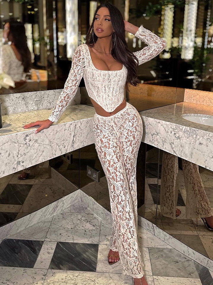 White Chante Lace Blouse & bell bottom set