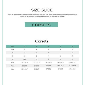 May include: A size chart for corsets, showing measurements in inches for bust, waist, and hips. The chart includes sizes XS, S, M, L, and XL, with corresponding measurements for USA, FR, JP, UK, and bust, waist, and hips.