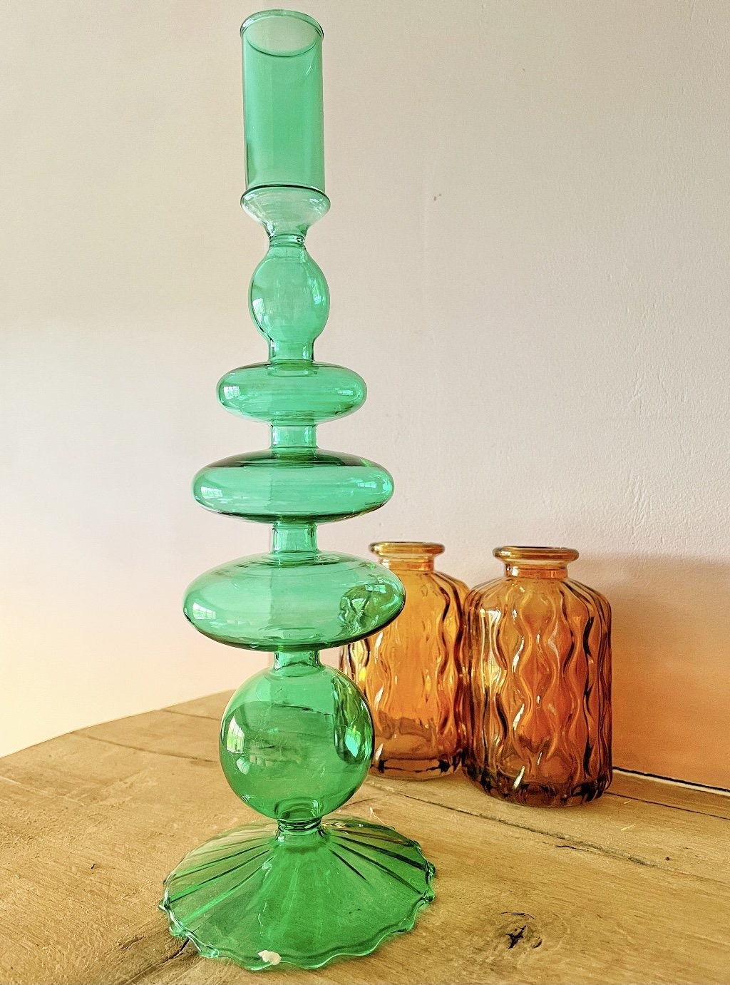 Green Glass Bubble Candlestick Candleholder Etsy UK