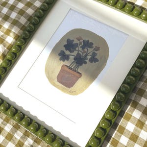 Wooden Green  Bobbin Bobble Frame with pot plant art print, hand painted, gloss laquer