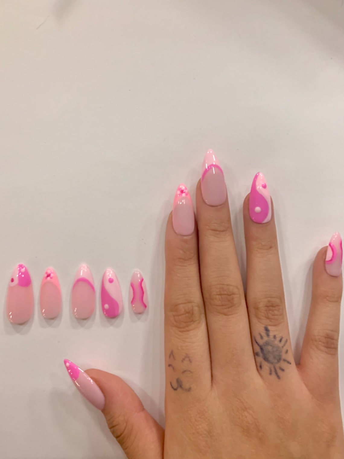 Almond pink yin yang press on nails Etsy